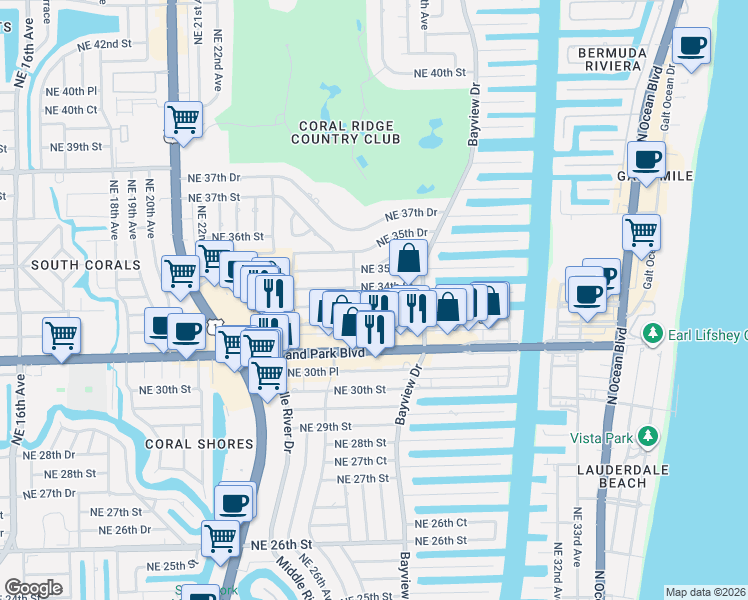 map of restaurants, bars, coffee shops, grocery stores, and more near 2724 Northeast 33rd Street in Fort Lauderdale