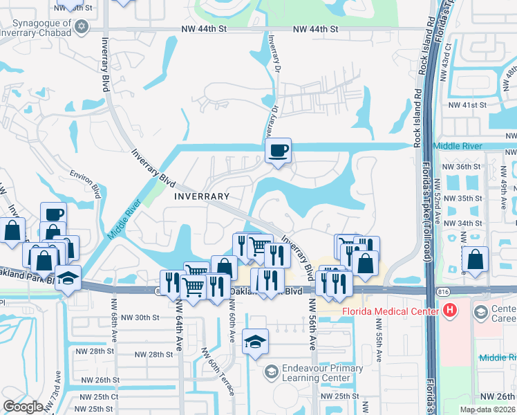 map of restaurants, bars, coffee shops, grocery stores, and more near 3433 Spring Bluff Place in Lauderhill