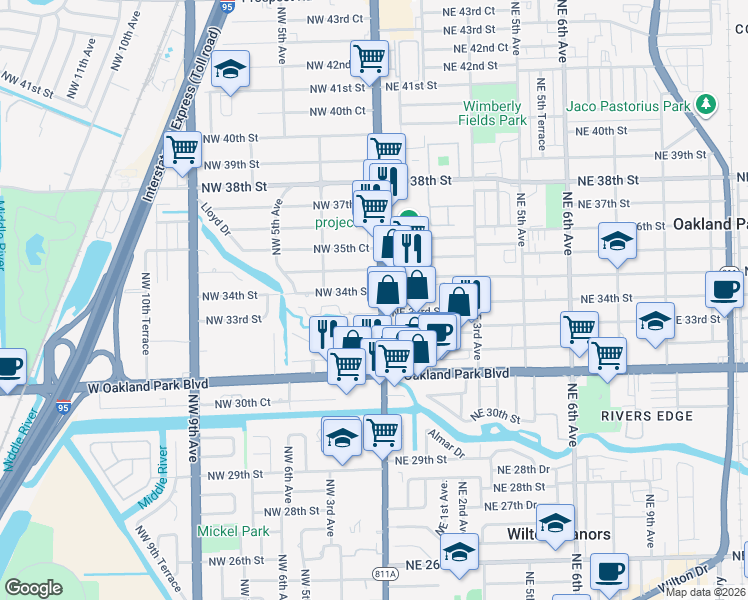 map of restaurants, bars, coffee shops, grocery stores, and more near 3317 North Andrews Avenue in Fort Lauderdale