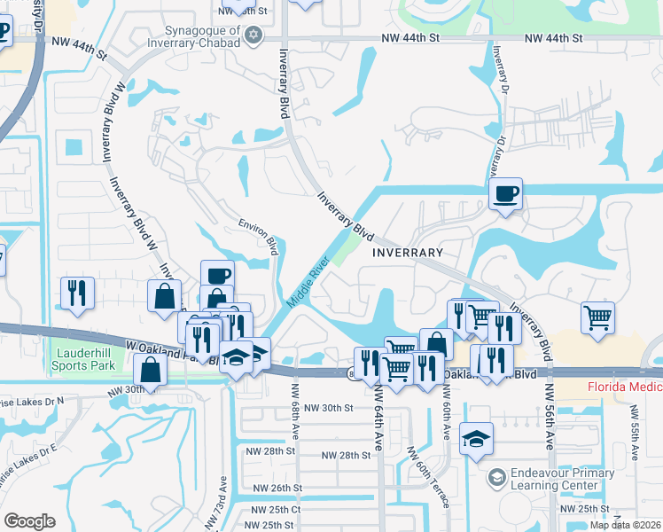 map of restaurants, bars, coffee shops, grocery stores, and more near 6653 Racquet Club Drive in Lauderhill