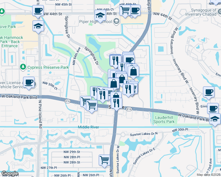 map of restaurants, bars, coffee shops, grocery stores, and more near 3499 North University Drive in Sunrise