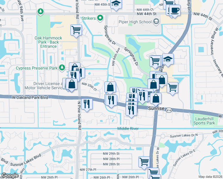 map of restaurants, bars, coffee shops, grocery stores, and more near 8433 Northwest 34th Manor in Sunrise