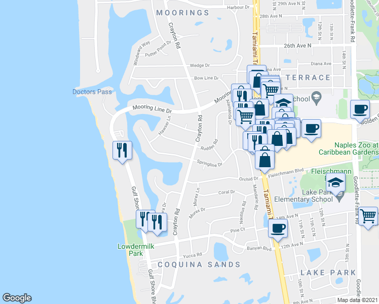 map of restaurants, bars, coffee shops, grocery stores, and more near 1927 Crayton Road in Naples