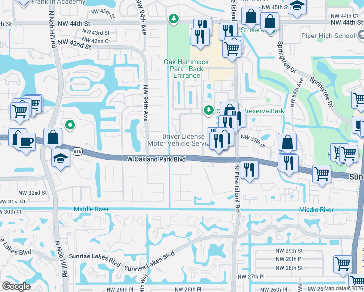 map of restaurants, bars, coffee shops, grocery stores, and more near 9148 Northwest 35th Place in Sunrise