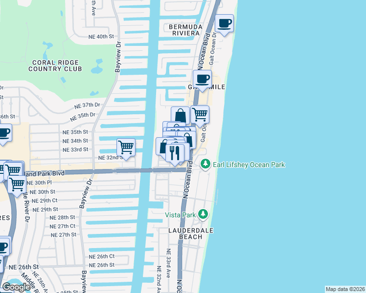 map of restaurants, bars, coffee shops, grocery stores, and more near 3324 Northeast 33rd Street in Fort Lauderdale