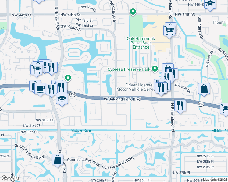 map of restaurants, bars, coffee shops, grocery stores, and more near in Sunrise