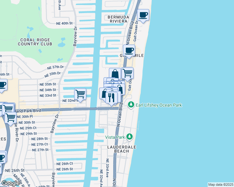 map of restaurants, bars, coffee shops, grocery stores, and more near 3324 Northeast 33rd Street in Fort Lauderdale