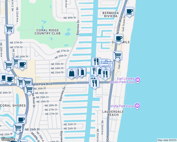 map of restaurants, bars, coffee shops, grocery stores, and more near 2895 Northeast 32nd Street in Fort Lauderdale