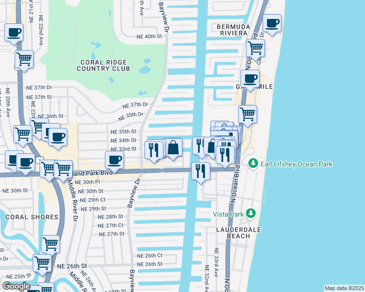 map of restaurants, bars, coffee shops, grocery stores, and more near 2895 Northeast 32nd Street in Fort Lauderdale