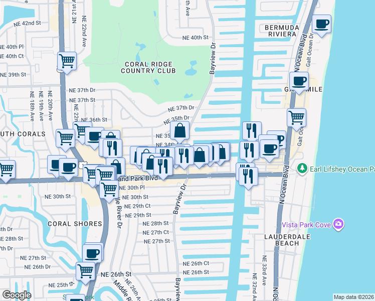 map of restaurants, bars, coffee shops, grocery stores, and more near 2764 Northeast 33rd Street in Fort Lauderdale