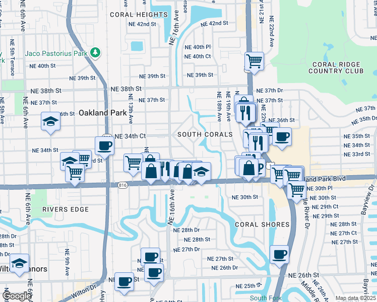 map of restaurants, bars, coffee shops, grocery stores, and more near 3340 Northeast 17th Avenue in Oakland Park