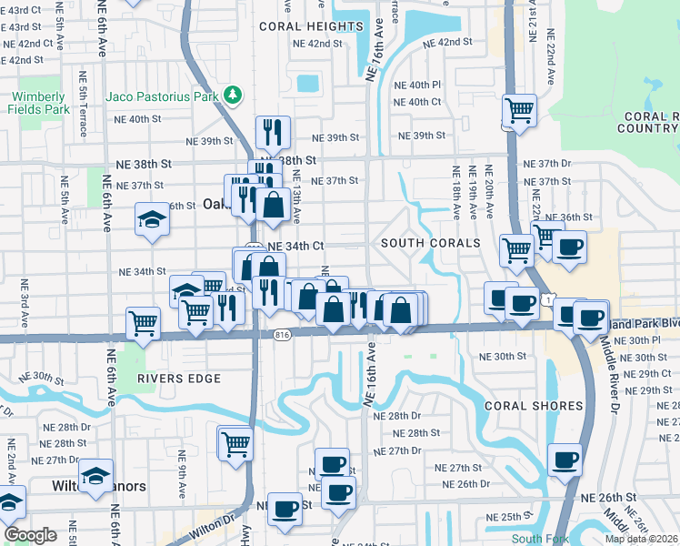 map of restaurants, bars, coffee shops, grocery stores, and more near 1567 Northeast 33rd Street in Oakland Park