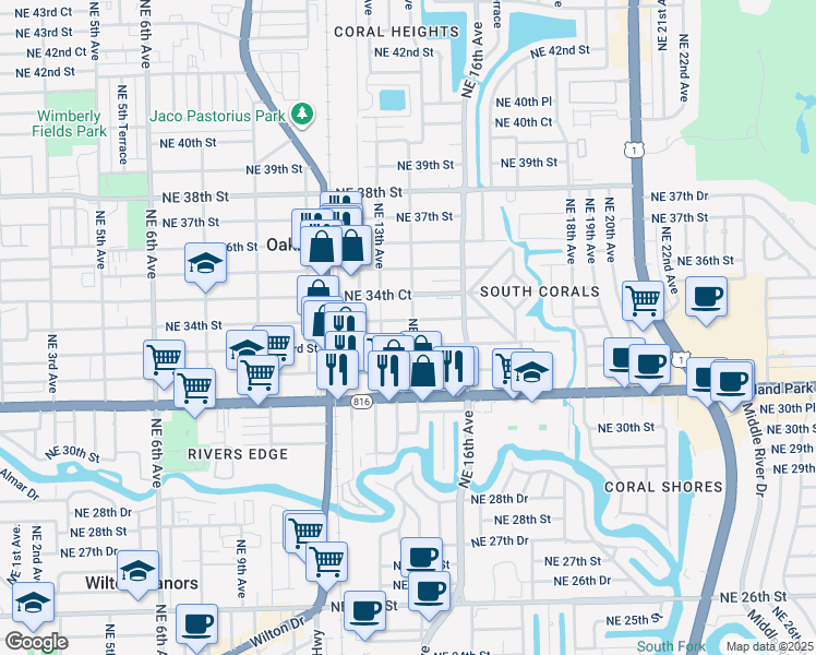 map of restaurants, bars, coffee shops, grocery stores, and more near 1499 Northeast 33rd Street in Oakland Park