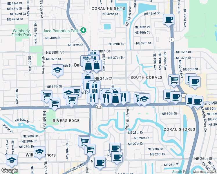 map of restaurants, bars, coffee shops, grocery stores, and more near 1499 Northeast 33rd Street in Oakland Park