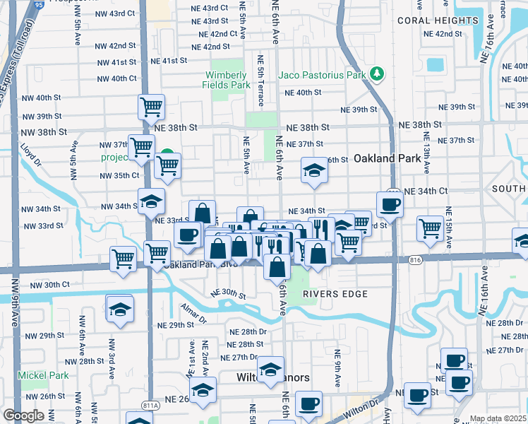 map of restaurants, bars, coffee shops, grocery stores, and more near 580 Northeast 34th Street in Oakland Park
