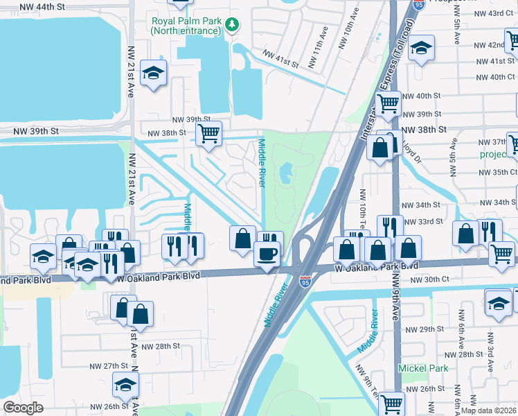 map of restaurants, bars, coffee shops, grocery stores, and more near 114 Park Drive in Oakland Park