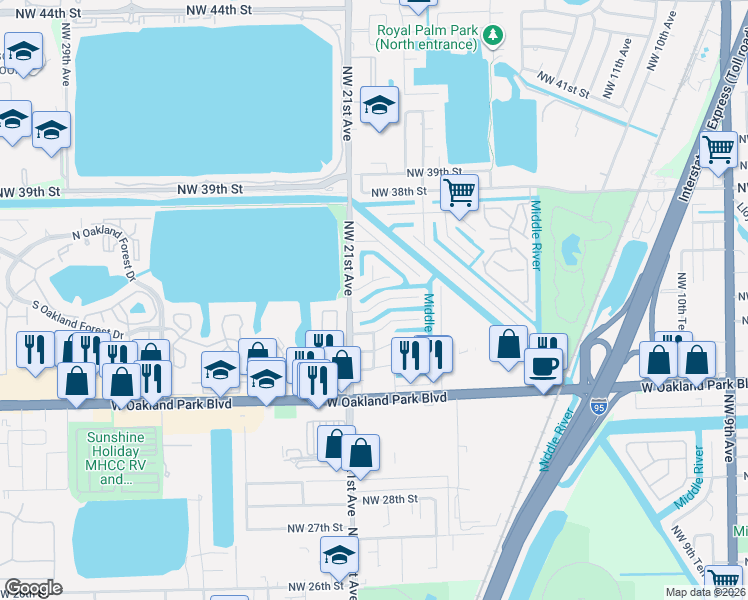 map of restaurants, bars, coffee shops, grocery stores, and more near 2021 Northwest 33rd Court in Oakland Park