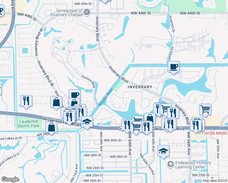 map of restaurants, bars, coffee shops, grocery stores, and more near 6653 Racquet Club Drive in Lauderhill