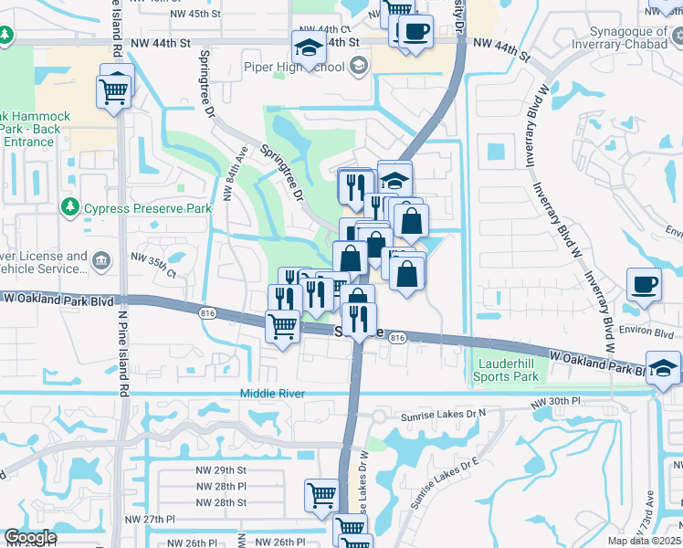 map of restaurants, bars, coffee shops, grocery stores, and more near 3499 North University Drive in Sunrise