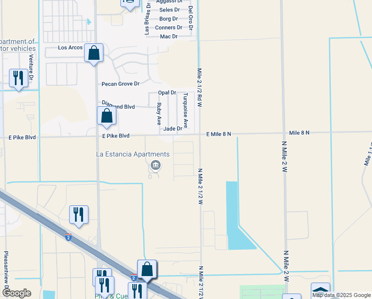 map of restaurants, bars, coffee shops, grocery stores, and more near 3620 East Pike Boulevard in Weslaco
