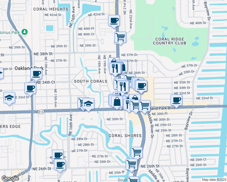 map of restaurants, bars, coffee shops, grocery stores, and more near 3355 North Federal Highway in Fort Lauderdale