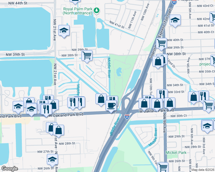 map of restaurants, bars, coffee shops, grocery stores, and more near 114 Park Drive in Oakland Park