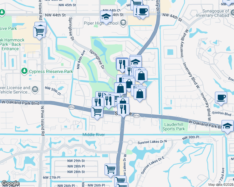map of restaurants, bars, coffee shops, grocery stores, and more near 8083-8093 West Oakland Park Boulevard in Sunrise