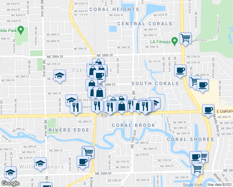 map of restaurants, bars, coffee shops, grocery stores, and more near 1482 Northeast 34th Street in Oakland Park