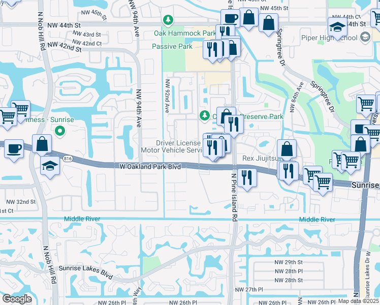 map of restaurants, bars, coffee shops, grocery stores, and more near 9001 West Oakland Park Boulevard in Sunrise
