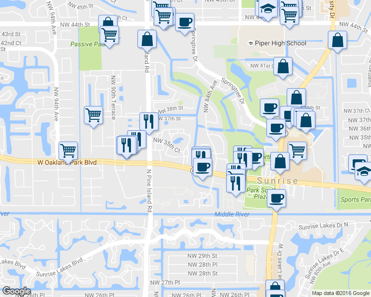 map of restaurants, bars, coffee shops, grocery stores, and more near 8601 Northwest 34th Place in Sunrise