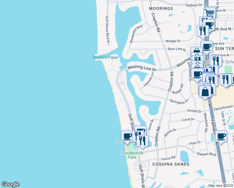 map of restaurants, bars, coffee shops, grocery stores, and more near 1977 Gulf Shore Boulevard North in Naples