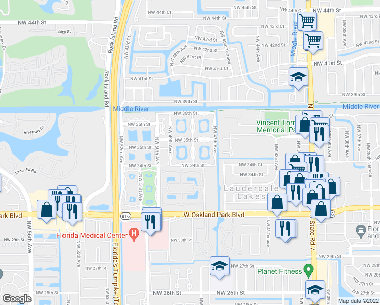 map of restaurants, bars, coffee shops, grocery stores, and more near 4801 Northwest 34th Street in Lauderdale Lakes