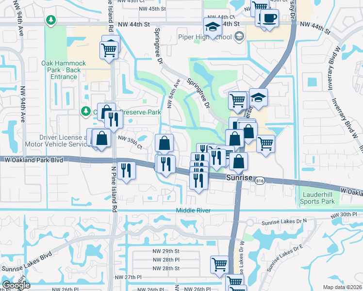 map of restaurants, bars, coffee shops, grocery stores, and more near 8402 Northwest 34th Manor in Sunrise