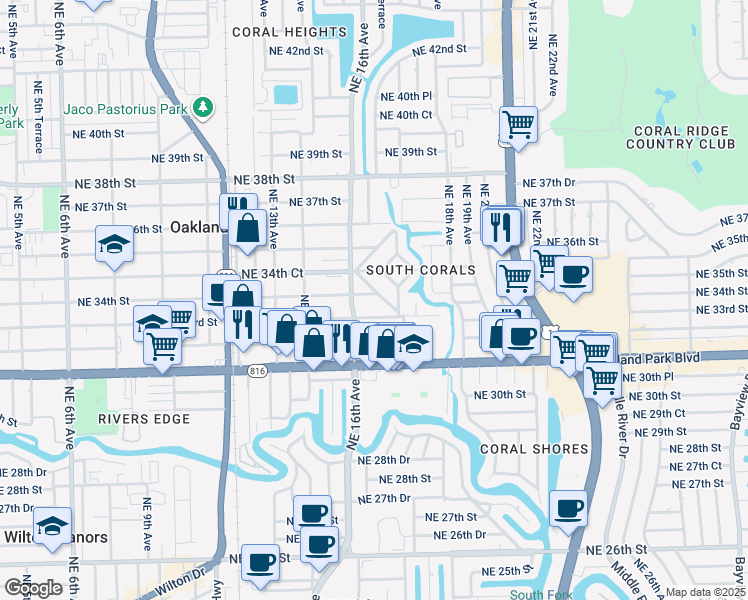 map of restaurants, bars, coffee shops, grocery stores, and more near 1633 Northeast 33rd Street in Oakland Park