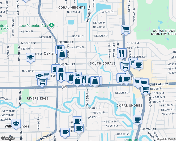 map of restaurants, bars, coffee shops, grocery stores, and more near 1625-1633 Northeast 33rd Street in Oakland Park