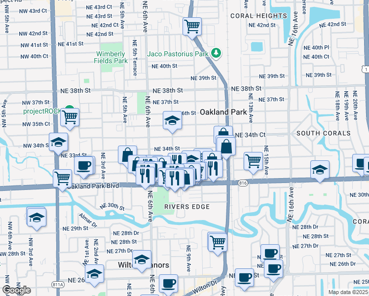map of restaurants, bars, coffee shops, grocery stores, and more near 801 Northeast 33rd Street in Oakland Park