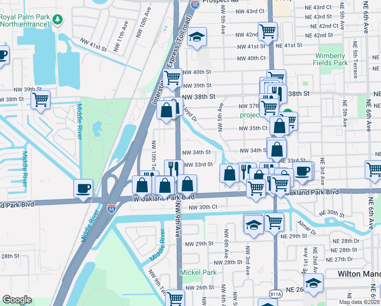 map of restaurants, bars, coffee shops, grocery stores, and more near 3300 Powerline Road in Oakland Park