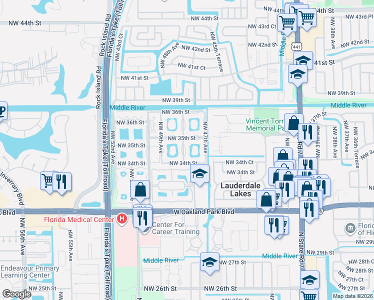 map of restaurants, bars, coffee shops, grocery stores, and more near 4701 Northwest 34th Street in Lauderdale Lakes