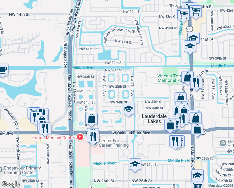 map of restaurants, bars, coffee shops, grocery stores, and more near 4801 Northwest 34th Street in Lauderdale Lakes