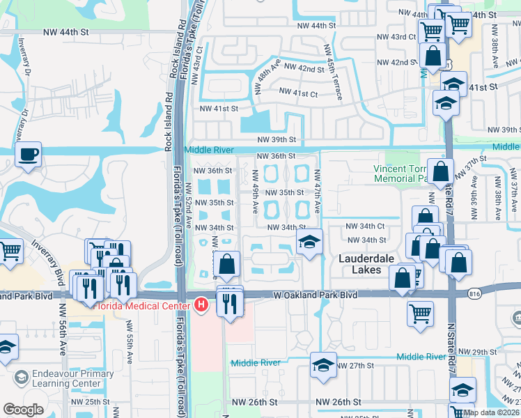 map of restaurants, bars, coffee shops, grocery stores, and more near 3400 Northwest 50th Avenue in Lauderdale Lakes