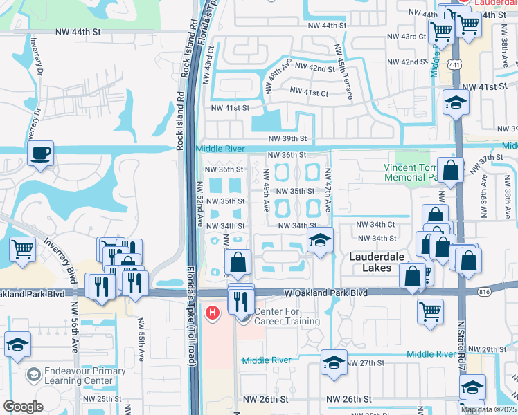 map of restaurants, bars, coffee shops, grocery stores, and more near 3400 Northwest 50th Avenue in Lauderdale Lakes