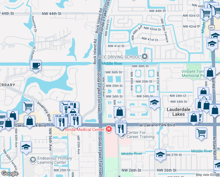 map of restaurants, bars, coffee shops, grocery stores, and more near 5101 Northwest 34th Street in Lauderdale Lakes