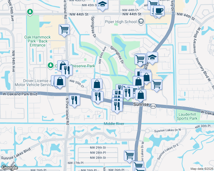 map of restaurants, bars, coffee shops, grocery stores, and more near 8402 Northwest 34th Manor in Sunrise