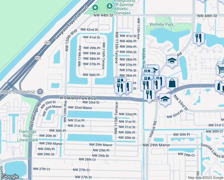 map of restaurants, bars, coffee shops, grocery stores, and more near 11530 Northwest 35th Street in Sunrise