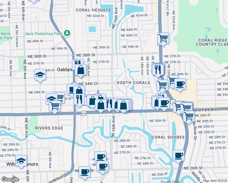 map of restaurants, bars, coffee shops, grocery stores, and more near 1625-1633 Northeast 33rd Street in Oakland Park