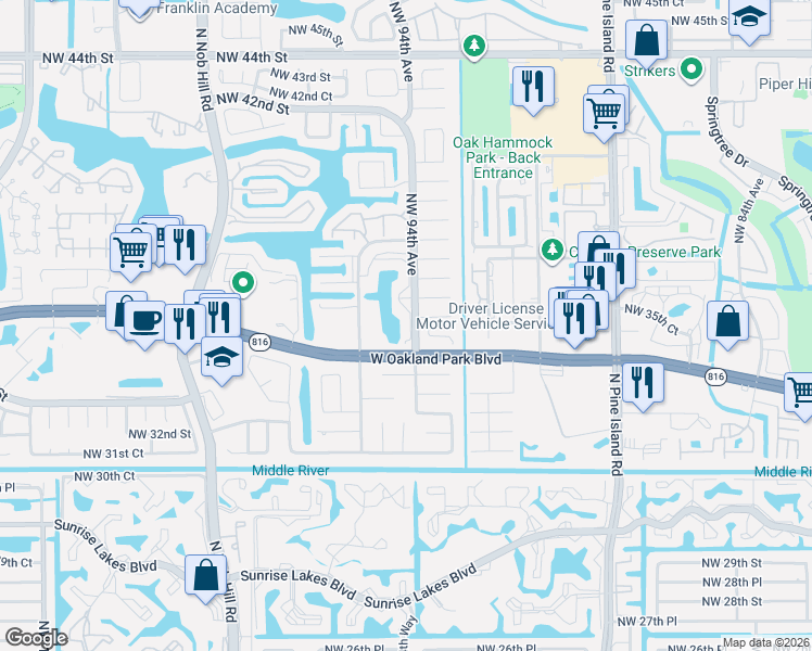 map of restaurants, bars, coffee shops, grocery stores, and more near in Sunrise