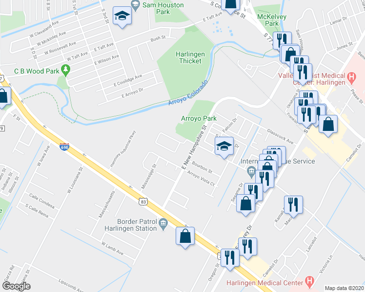map of restaurants, bars, coffee shops, grocery stores, and more near 808 North Arroyo Park Lane in Harlingen