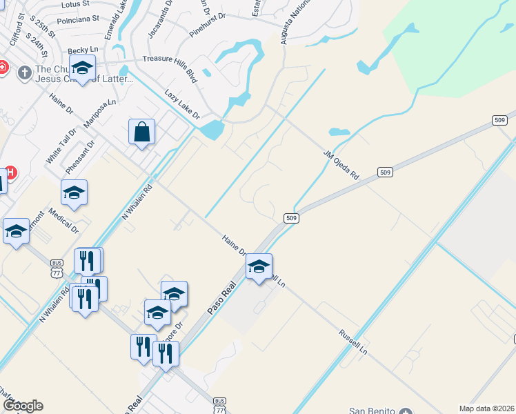 map of restaurants, bars, coffee shops, grocery stores, and more near 1921 Farm to Market 509 in Harlingen