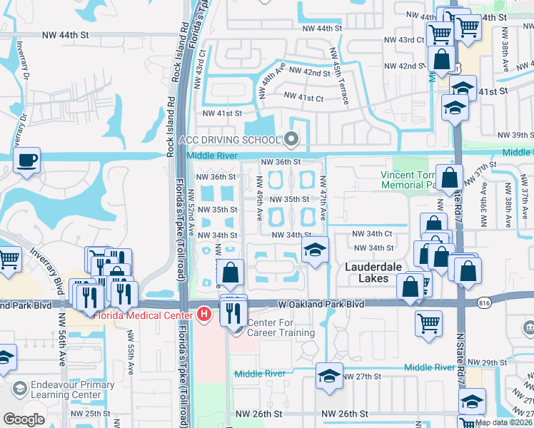 map of restaurants, bars, coffee shops, grocery stores, and more near 3400 Northwest 50th Avenue in Lauderdale Lakes