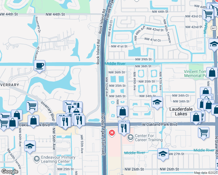 map of restaurants, bars, coffee shops, grocery stores, and more near 5101 Northwest 34th Street in Lauderdale Lakes